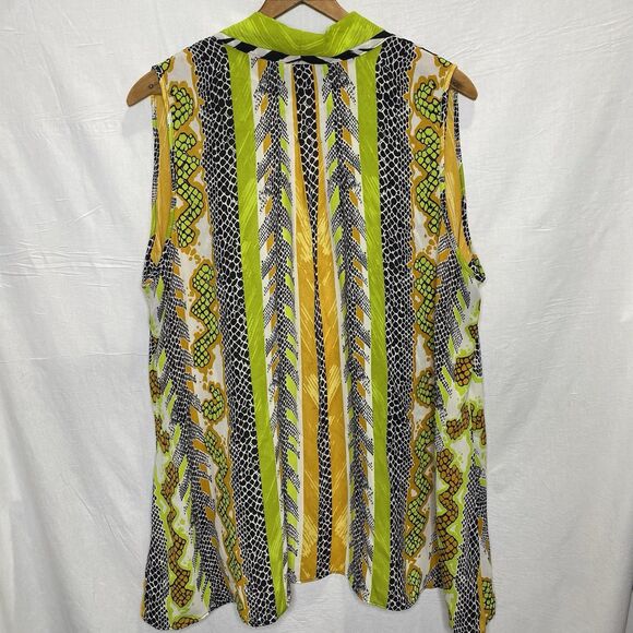 Vtg BOB MACKIE Wearable Art Open Front Blouse Sleeveless Bold 80s Womens L Green - Picture 2 of 8